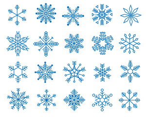 Doodle snowflakes. Variations of winter blue symmetrical snow flakes, geometric frozen crystal icons Christmas New year decoration. Vector collection