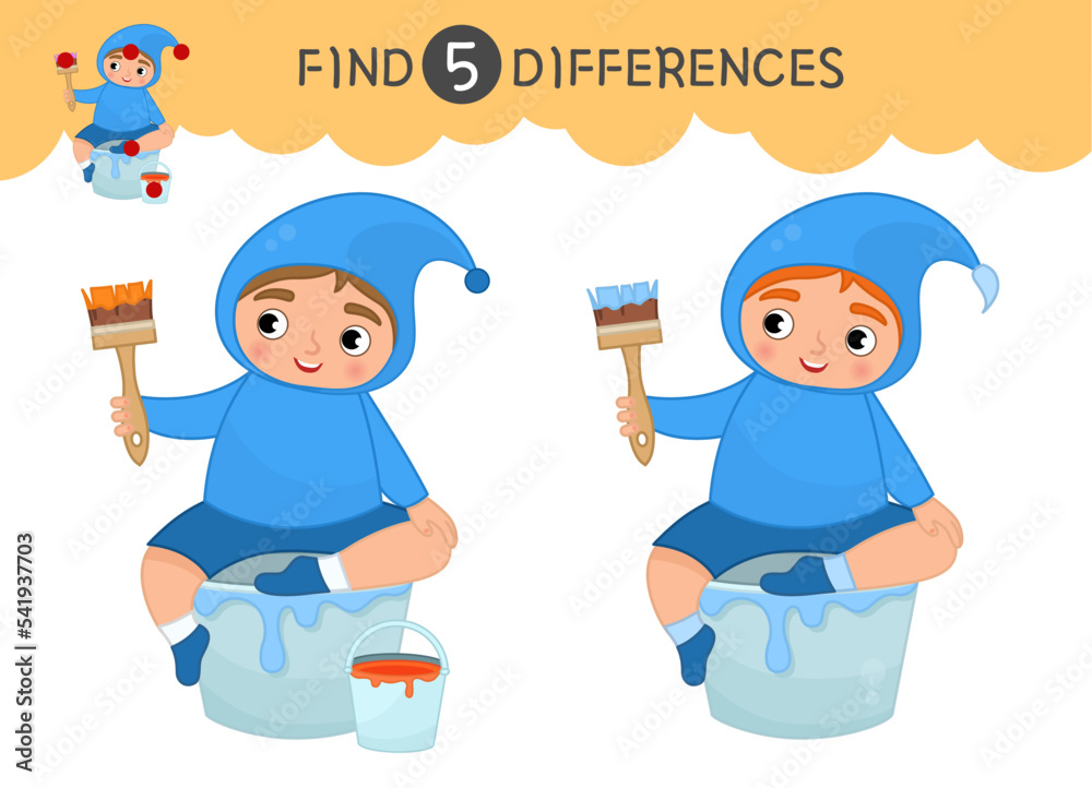 Poster find differences. educational game for children. cartoon vector illustration of cute boy with brush.