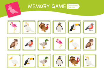 Memory game for preschool children, vector cards with cute cartoon birds. Find two identical picture. Kids activity page for book. 