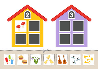 Education paper game for preshool children. Cut and glue into the correct houses. Counting game.
