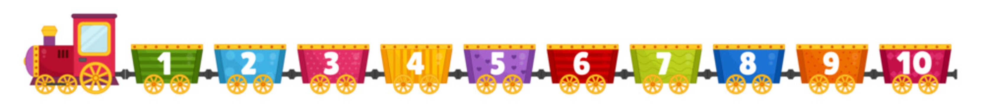 Vector illustration of a cartoon steam locomotive carries multi-colored wagons with numbers.

