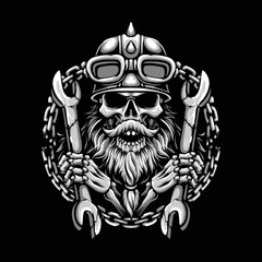 skull biker holding wrench vector logo