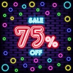 Sale 75% off Badge in neon style. On brick wall background. Light banner. Isolated on black background. Vector Illustration