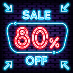 Sale 80% off Neon Sign Vector. On brick wall background. Night advensing. Bright colored vector. Vector Illustration