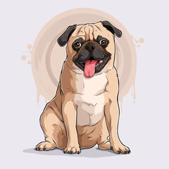 Hand drawn cute beige dog breed Pug sitting and panting, in full length isolated on white background