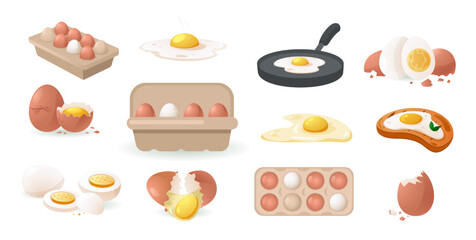 Cartoon chicken eggs. Cooked boiled fried egg with yellow yolk cracked eggshell protein, delicious organic ingredients for healthy breakfast. Vector set
