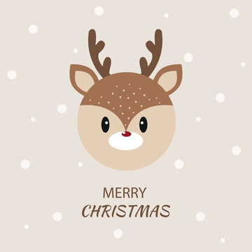 Cute deer on beige background with snowflakes. Image for Christmas card. Cartoon vector illustration.