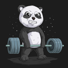Hand drawn weightlifting panda, struggling panda practicing deadlift with a big weight barbell © asgraphics13