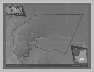 Tagant, Mauritania. Grayscale. Labelled points of cities