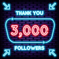 3000 Followers Thank you Neon quote. Bright signboard. Announcement neon signboard. Modern trend design. Vector Illustration