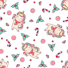 Christmas seamless pattern with cute unicorn, sweets, candy cane and holly isolated on white background.