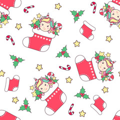 Christmas seamless pattern with cute unicorn in red sock, candy cane, holly and star isolated on white background.