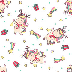Christmas seamless pattern with cute unicorn, stars and gifts isolated on white background.