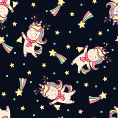 Christmas seamless pattern with cute unicorn, stars and gifts on black background.
