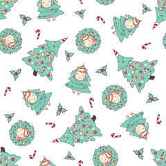 Christmas seamless pattern with cute unicorns, christmas tree, candy cane and holly isolated on white background.