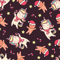 Christmas seamless pattern with cute unicorn, gingerbread man, candy cane and stars on brown background.