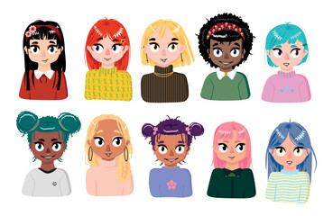 Vector illustration. Set of girls avatars. Girlfriends. Many people. Characters. People in a row. Various hairstyles and outfits.