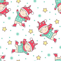 Christmas seamless pattern with cute unicorn ice skating, stars and snowflakes isolated on white background.