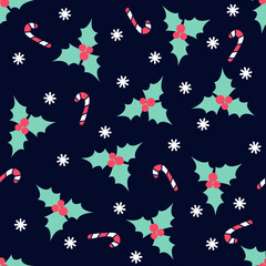 Seamless Christmas pattern in flat style with holly berry, candy cane and snowflakes on dark blue background.
