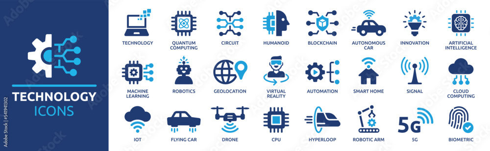 Poster Technology icon set. Containing 5g, ai, robotics, iot, biometric, geolocation, cloud computing and automation icon. Solid icon collection.