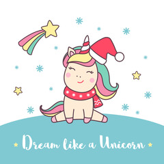 Greeting holiday card with cute Unicorn in Santa Claus hat with stars and snowflakes for Merry Christmas and New Year.