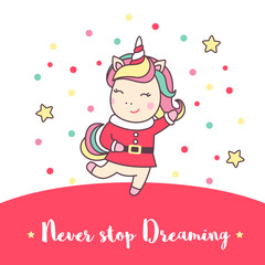 Greeting holiday card with cute Unicorn in Santa Claus costume for Merry Christmas and New Year design.