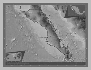 Baja California Sur, Mexico. Grayscale. Labelled points of cities