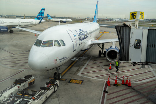 New York City, New York USA September 2022 Jetblue airplanes seen on tarmac at JFK Airport