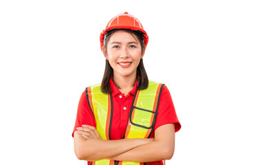 Young female warehouse worker standing in warehouse with arms crossed, Smiling woman in hard hat looking at camera with arms crossed - Powered by Adobe