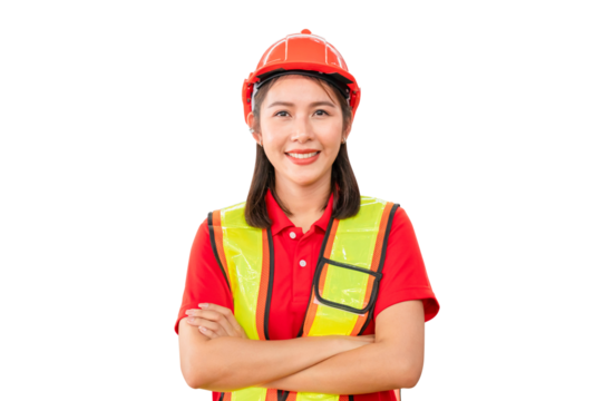 Young female warehouse worker standing in warehouse with arms crossed, Smiling woman in hard hat looking at camera with arms crossed