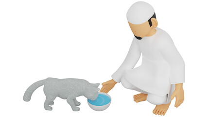 A 3D Illustration of A Muslim Gives A Cat Water