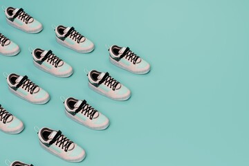 abstract background. sneaker patterns on a turquoise background. copy paste, copy space. 3D render