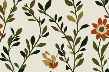 cute cream flowers with green leaves pattern on brown background