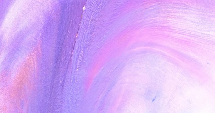 Purple pink lilac paints flow down abstract background. Colorful paint stream flowing. Copy space for text. Bright pastel pink colors wet moving. Shiny backdrop. Acrylic texture motion. Fluid pattern