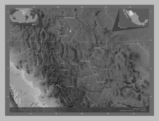Chihuahua, Mexico. Grayscale. Labelled points of cities