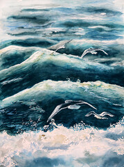 Watercolor seascape flying seagulls, sea wave, storm, splashes nautical background