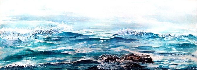 Sea storm wave watercolor illustration seascape background - obrazy, fototapety, plakaty