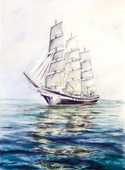 Ship sailing sea waves seascape watercolor painting marina illustration