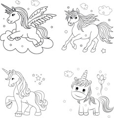 Fototapeta na wymiar Line art unicorn kids illustration for Children coloring book 