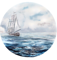 Ship sailing sea waves seascape watercolor painting marina illustration
