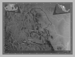 Coahuila, Mexico. Grayscale. Labelled points of cities