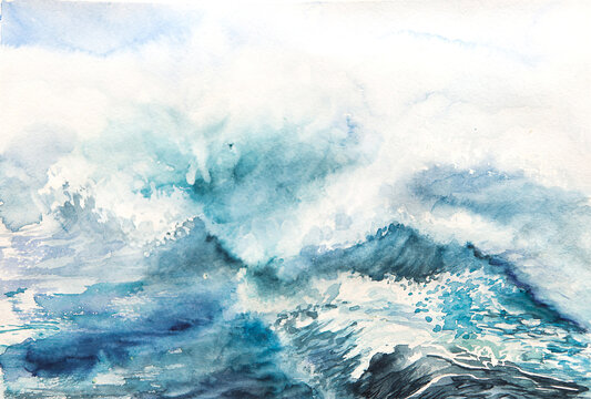 Sea storm wave watercolor illustration seascape background