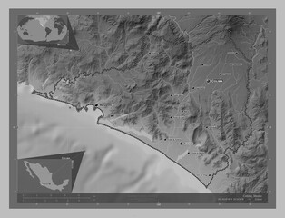 Colima, Mexico. Grayscale. Labelled points of cities