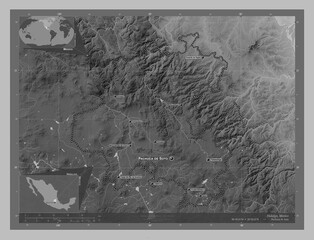 Hidalgo, Mexico. Grayscale. Labelled points of cities