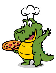 Cartoon illustration of Alligator wearing chef hat and delivering a box of pizza. Best for sticker, logo, and mascot with fast food restaurant themes