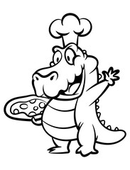 Cartoon illustration of Alligator wearing chef hat and delivering a box of pizza. Best for logo, outline, and coloring book with fast food restaurant themes for kids