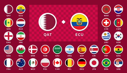 Versus between two Teams Template. Set of round Icons of National Flags. Football 2022. Soccer Competition. Championship Participation Infographics. Poster, Announcement, Game. Vector Illustration