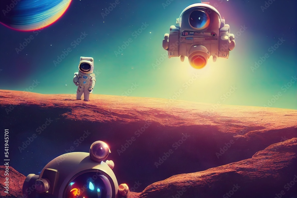 Wall mural 3d rendered computer generated image of an astronaut. modern animation look in space with the earth 