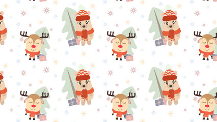 Cute seamless pattern with christmas deer and bear in hat and scarf