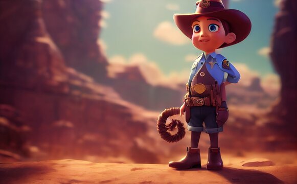 3D rendered computer-generated image of an adorable wild west sheriff. Lawman in the old west with classic western outdoor background in modern animation style